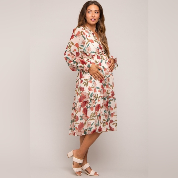 🍁HOST PICKED🍁 NWOT Pink Blush [XL] Ivory Floral Ruffle V-Neck Maternity Dress - Picture 3 of 5